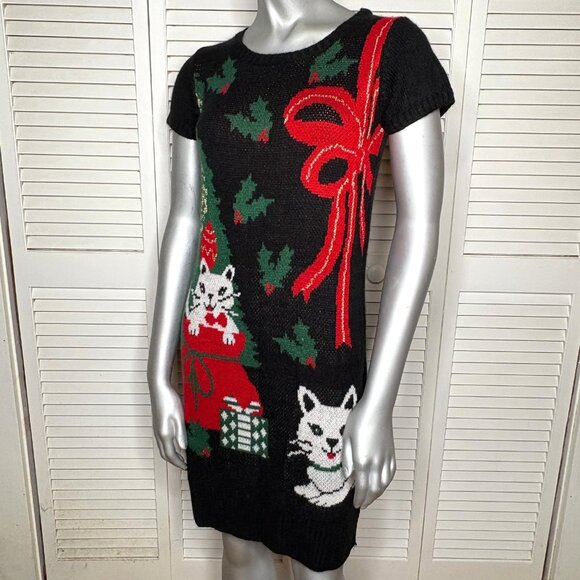Xhilaration Cat Christmas Tree Sweater Dress Ugly Xmas Knit Black M 2000s Y2K - Picture 2 of 8